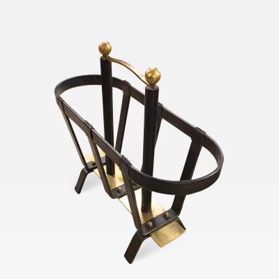 Jacques Adnet Jacques Adnet rarest solid bronze and hand stiched leather magazine rack