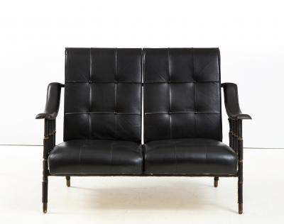Jacques Adnet Jacques Adnet two Seat Black Leather Settee