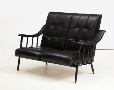 Jacques Adnet Jacques Adnet two Seat Black Leather Settee