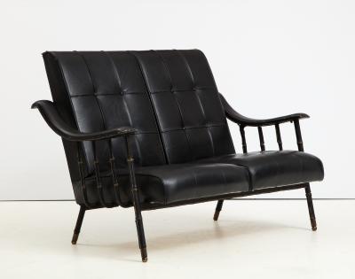 Jacques Adnet Jacques Adnet two Seat Black Leather Settee