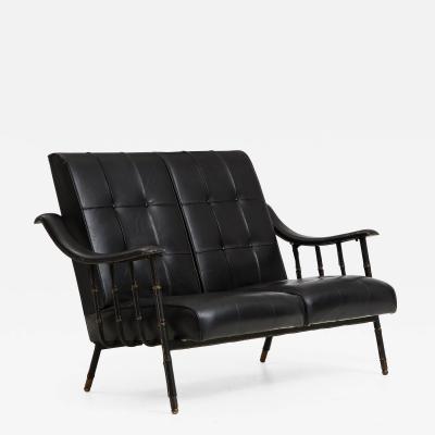 Jacques Adnet Jacques Adnet two Seat Black Leather Settee