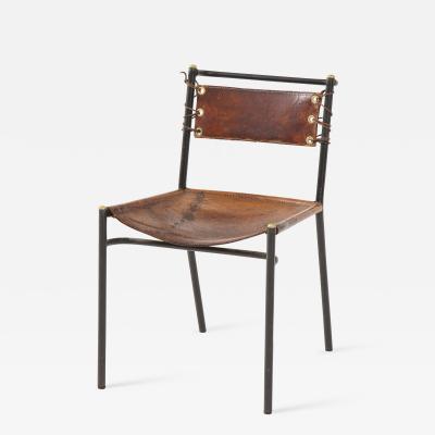 Jacques Adnet Leather and Metal Side Chair in the Style of Jacques Adnet France c 1950s