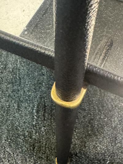 Jacques Adnet MID CENTURY ADNET STYLE LEATHER IRON BRASS EDLOMAISE GLASS DOUBLE TIER TABLES