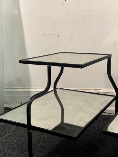 Jacques Adnet MID CENTURY ADNET STYLE LEATHER IRON BRASS EDLOMAISE GLASS DOUBLE TIER TABLES