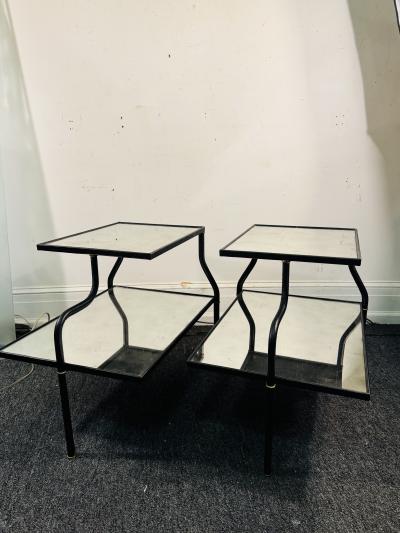 Jacques Adnet MID CENTURY ADNET STYLE LEATHER IRON BRASS EDLOMAISE GLASS DOUBLE TIER TABLES