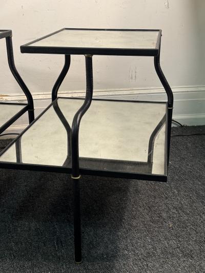 Jacques Adnet MID CENTURY ADNET STYLE LEATHER IRON BRASS EDLOMAISE GLASS DOUBLE TIER TABLES