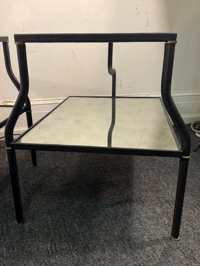 Jacques Adnet MID CENTURY ADNET STYLE LEATHER IRON BRASS EDLOMAISE GLASS DOUBLE TIER TABLES
