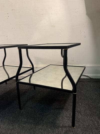 Jacques Adnet MID CENTURY ADNET STYLE LEATHER IRON BRASS EDLOMAISE GLASS DOUBLE TIER TABLES