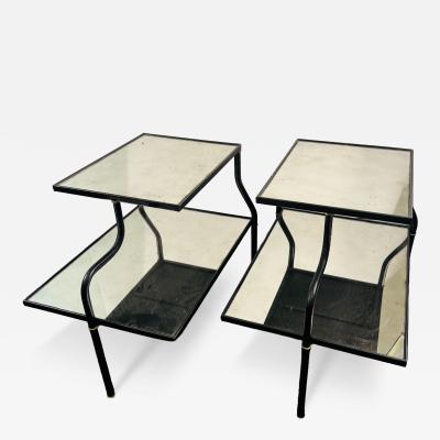 Jacques Adnet MID CENTURY ADNET STYLE LEATHER IRON BRASS EDLOMAISE GLASS DOUBLE TIER TABLES