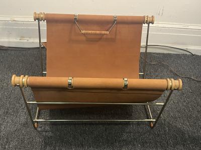 Jacques Adnet MODERN LEATHER AND GOLDTONE METAL WITH CERUSED OAK DOWELS LOG HOLDER