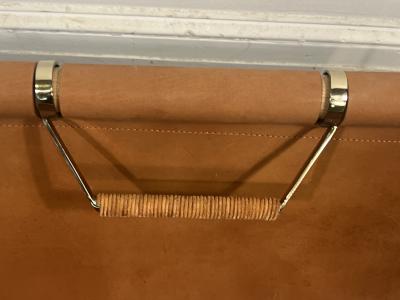 Jacques Adnet MODERN LEATHER AND GOLDTONE METAL WITH CERUSED OAK DOWELS LOG HOLDER