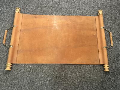 Jacques Adnet MODERN LEATHER AND GOLDTONE METAL WITH CERUSED OAK DOWELS LOG HOLDER