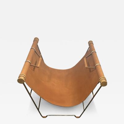 Jacques Adnet MODERN LEATHER AND GOLDTONE METAL WITH CERUSED OAK DOWELS LOG HOLDER