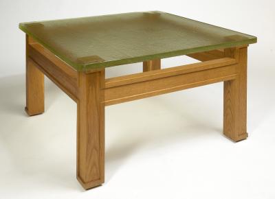 Jacques Adnet Magnificent Jacques Adnet Oak and Sand Cast Glass Table ca 1950