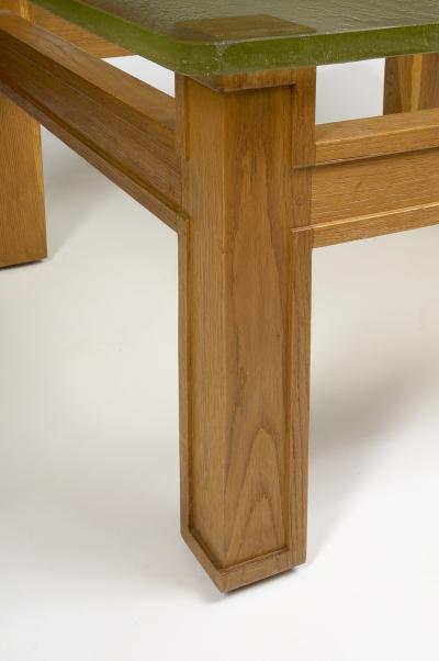 Jacques Adnet Magnificent Jacques Adnet Oak and Sand Cast Glass Table ca 1950
