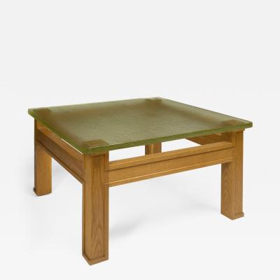 Jacques Adnet Magnificent Jacques Adnet Oak and Sand Cast Glass Table ca 1950