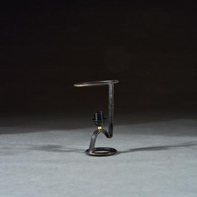 Jacques Adnet Mid 20th Century Jacques Adnet Black Leather Stitched Torch Shaped Table Lamp