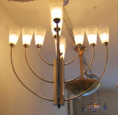 Jacques Adnet Mid Century Modern Nickel Satin Glass Chandelier Attributed to Jacques Adnet
