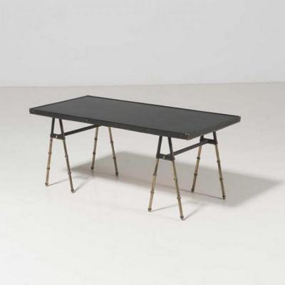 Jacques Adnet Mid Century Modern stitched leather and brass coffee table by Jacques Adnet