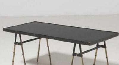 Jacques Adnet Mid Century Modern stitched leather and brass coffee table by Jacques Adnet