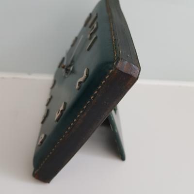 Jacques Adnet Mid Century Modern stitched saddle leather desk set attributed to Jacques Adnet