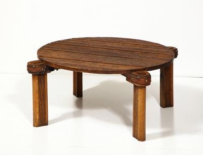 Jacques Adnet Oak and Leather Round Coffee Table by Jacques Adnet France Mid 20th Century