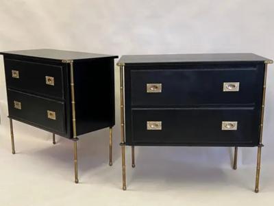 Jacques Adnet Pair French Hand Stitched Leather Brass Faux Bamboo Commodes by Jacques Adnet
