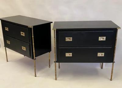 Jacques Adnet Pair French Hand Stitched Leather Brass Faux Bamboo Commodes by Jacques Adnet