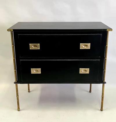 Jacques Adnet Pair French Hand Stitched Leather Brass Faux Bamboo Commodes by Jacques Adnet