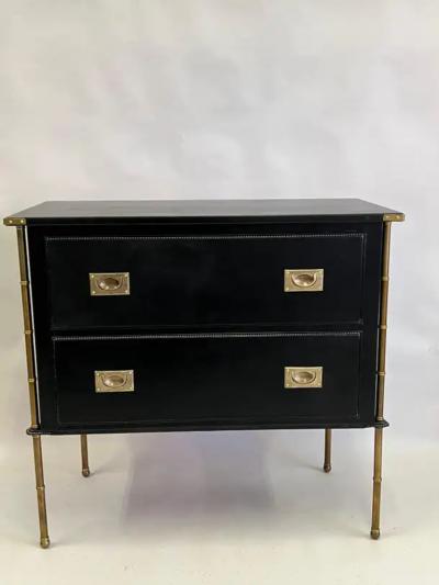 Jacques Adnet Pair French Hand Stitched Leather Brass Faux Bamboo Commodes by Jacques Adnet