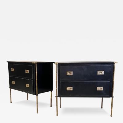 Jacques Adnet Pair French Hand Stitched Leather Brass Faux Bamboo Commodes by Jacques Adnet