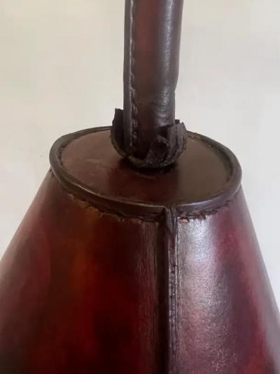 Jacques Adnet Pair French Mid Century Burgundy Stitched Leather Floor Lamps by Jacques Adnet