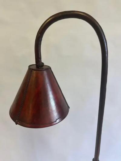 Jacques Adnet Pair French Mid Century Burgundy Stitched Leather Floor Lamps by Jacques Adnet