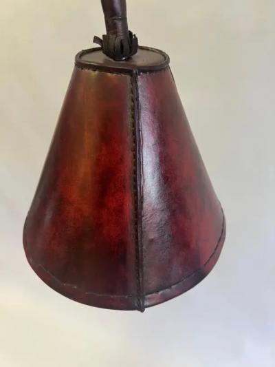 Jacques Adnet Pair French Mid Century Burgundy Stitched Leather Floor Lamps by Jacques Adnet