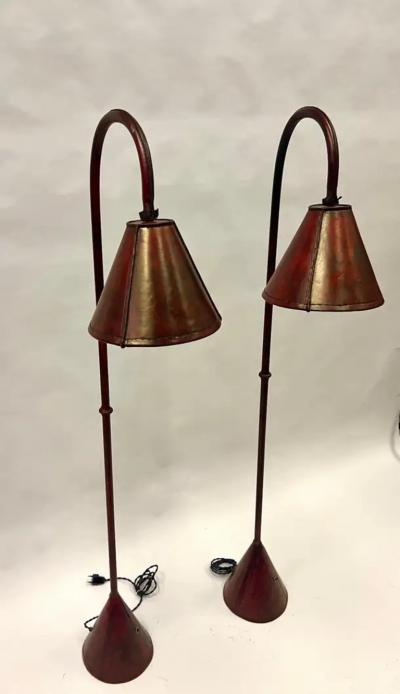 Jacques Adnet Pair French Mid Century Burgundy Stitched Leather Floor Lamps by Jacques Adnet