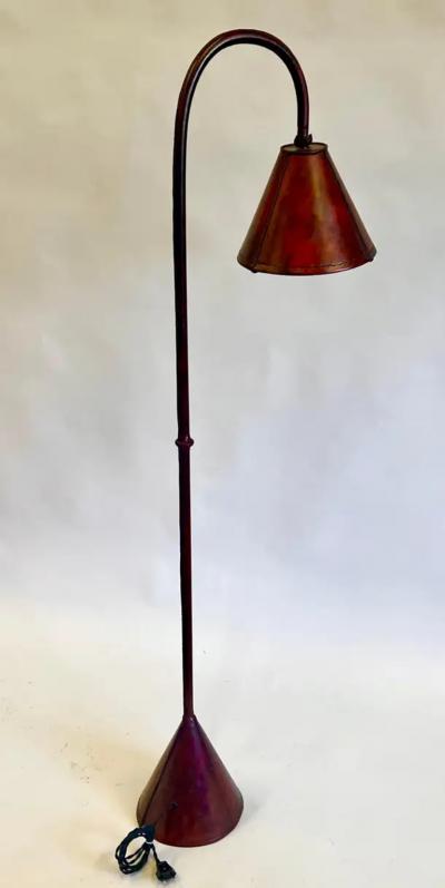 Jacques Adnet Pair French Mid Century Burgundy Stitched Leather Floor Lamps by Jacques Adnet