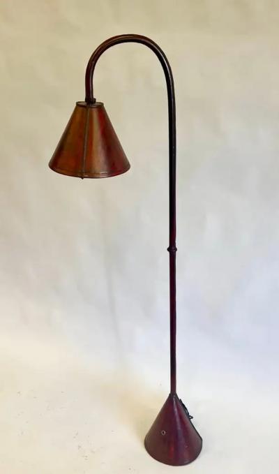 Jacques Adnet Pair French Mid Century Burgundy Stitched Leather Floor Lamps by Jacques Adnet