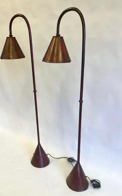 Jacques Adnet Pair French Mid Century Burgundy Stitched Leather Floor Lamps by Jacques Adnet