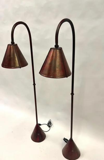 Jacques Adnet Pair French Mid Century Burgundy Stitched Leather Floor Lamps by Jacques Adnet