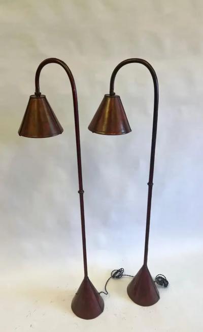 Jacques Adnet Pair French Mid Century Burgundy Stitched Leather Floor Lamps by Jacques Adnet