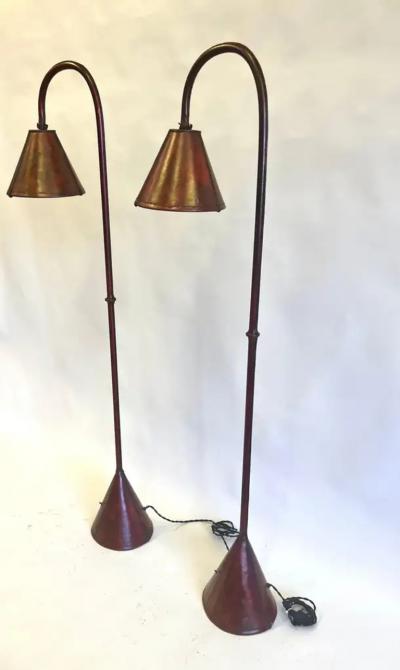 Jacques Adnet Pair French Mid Century Burgundy Stitched Leather Floor Lamps by Jacques Adnet