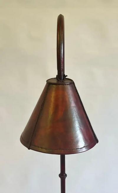 Jacques Adnet Pair French Mid Century Burgundy Stitched Leather Floor Lamps by Jacques Adnet