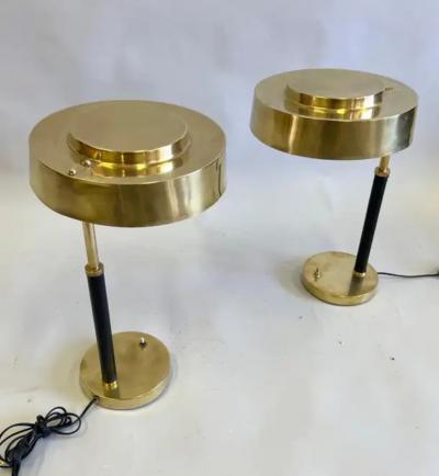 Jacques Adnet Pair French Midcentury Art Deco Brass Leather Desk Table Lamps Jacques Adnet