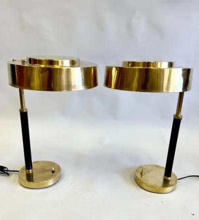 Jacques Adnet Pair French Midcentury Art Deco Brass Leather Desk Table Lamps Jacques Adnet