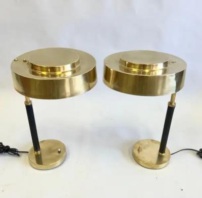 Jacques Adnet Pair French Midcentury Art Deco Brass Leather Desk Table Lamps Jacques Adnet