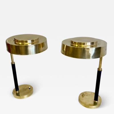 Jacques Adnet Pair French Midcentury Art Deco Brass Leather Desk Table Lamps Jacques Adnet