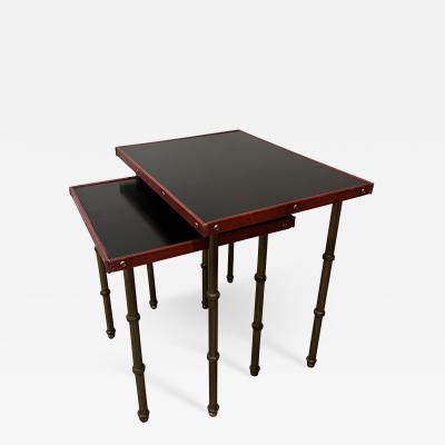 Jacques Adnet Pair of 1950s Stitched Leather Side Tables by Jacques Adnet