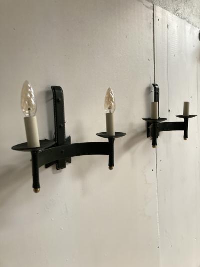 Jacques Adnet Pair of 1950s Stitched Leather sconces by Jacques Adnet