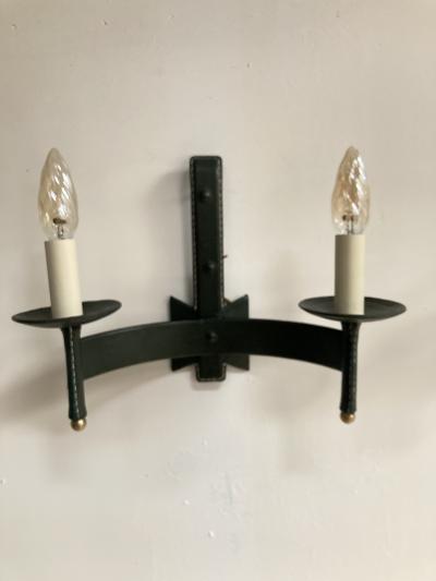 Jacques Adnet Pair of 1950s Stitched Leather sconces by Jacques Adnet