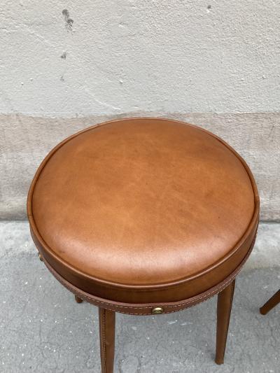 Jacques Adnet Pair of 1950s Stitched Leather stools by Jacques Adnet